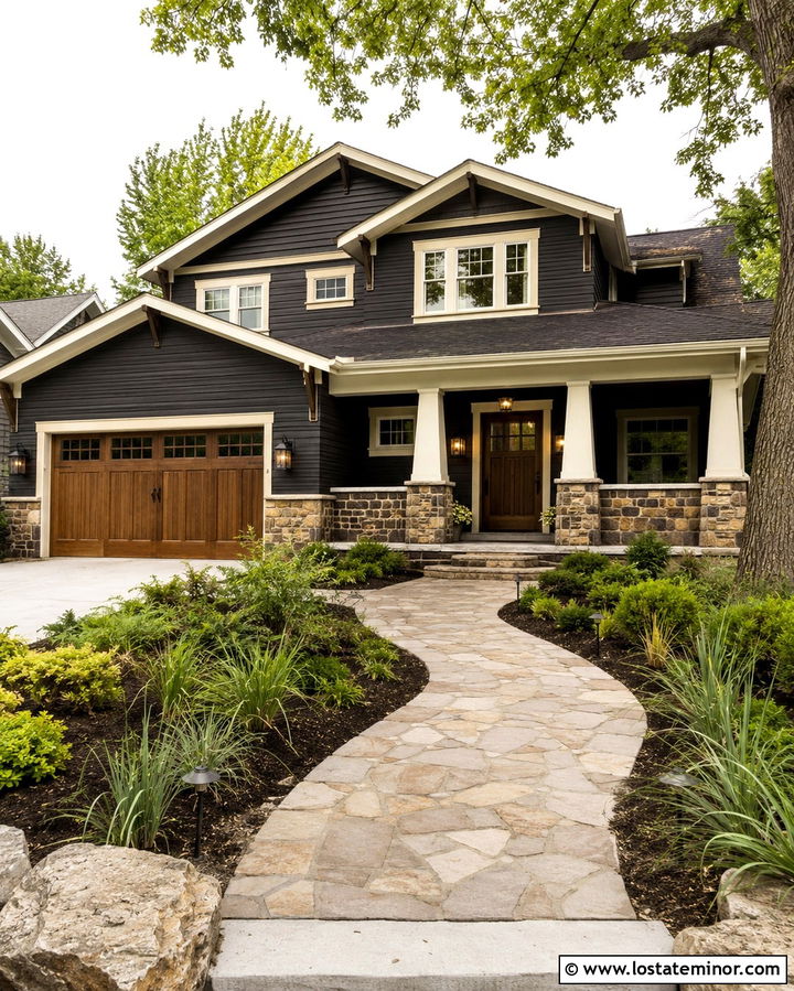 Soft Black Craftsman House With Bronze Lanterns - 30 Soft Black House Design With Light Fixtures Ideas