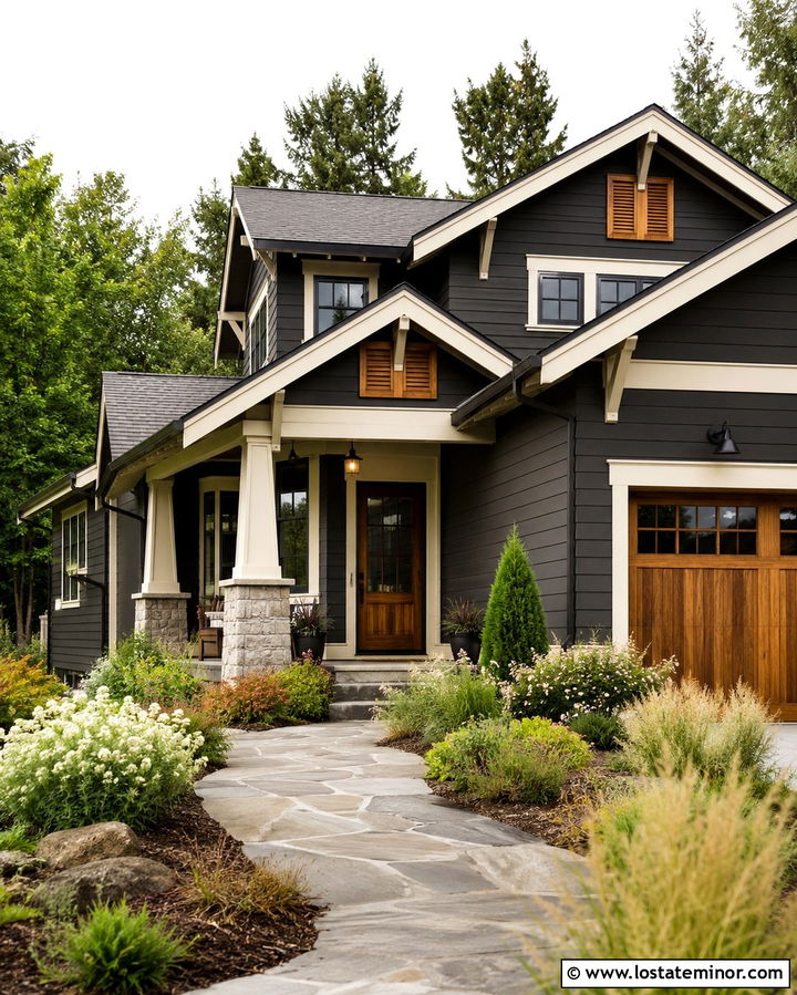 Soft Black Craftsman House With Cedar Door And Black Storm Door - 30 Soft Black House Design With Storm Door Ideas