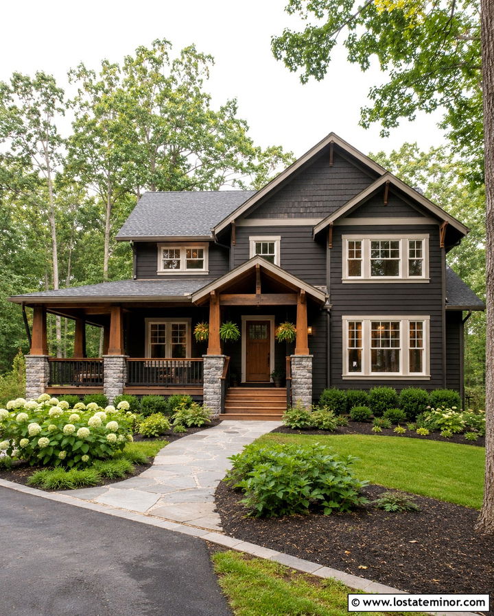 Soft Black Craftsman House With Covered Deck - 30 Soft Black House Design With Deck Ideas