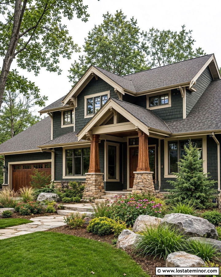 Soft Black Craftsman House With Native Plants - 30 Soft Black House Design With Landscaping Ideas