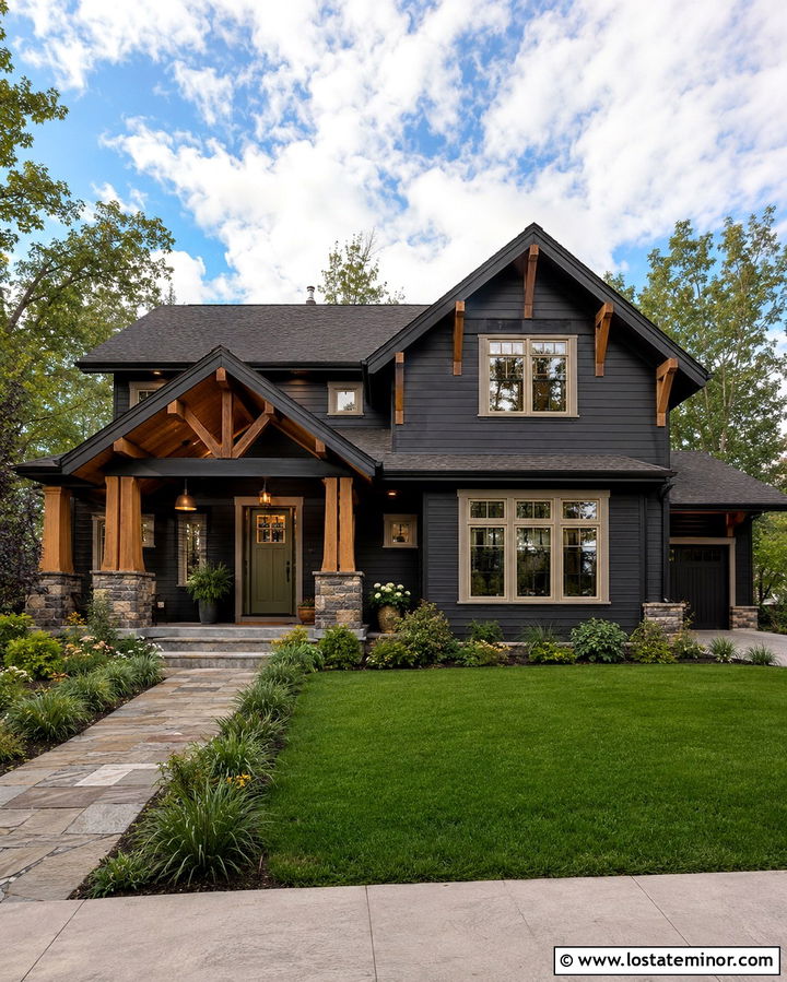 Soft Black Craftsman House With Porch Pendants - 30 Soft Black House Design With Lighting Ideas