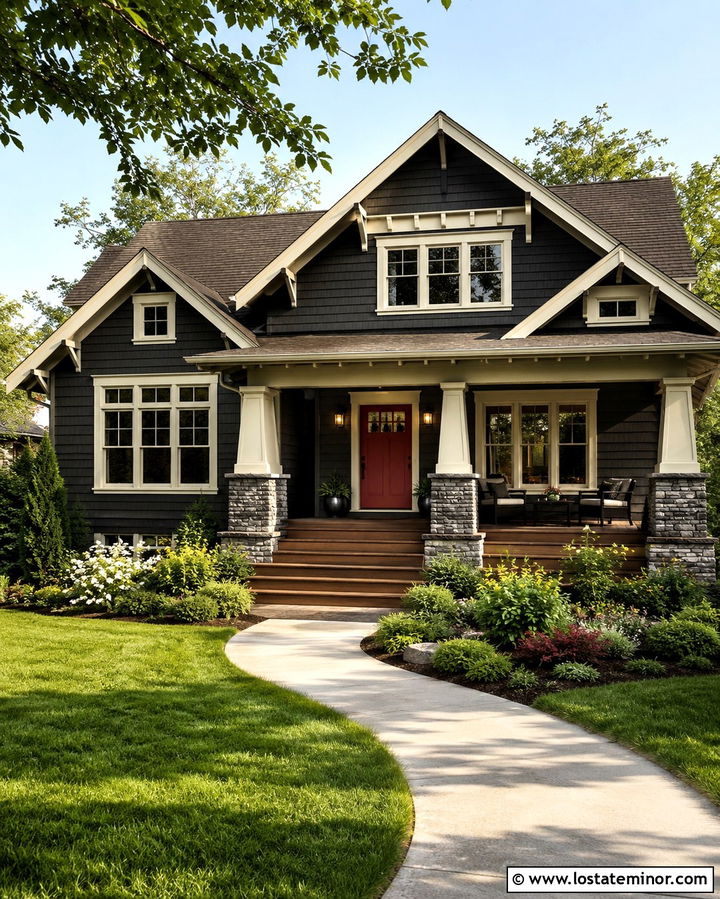 Soft Black Craftsman House With Red Front Door - 30 Soft Black House Design With Front Door Ideas