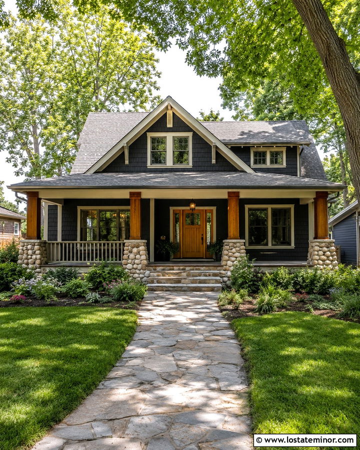 Soft Black Craftsman House With River Rock - 30 Soft Black House Design With Stone Accents Ideas