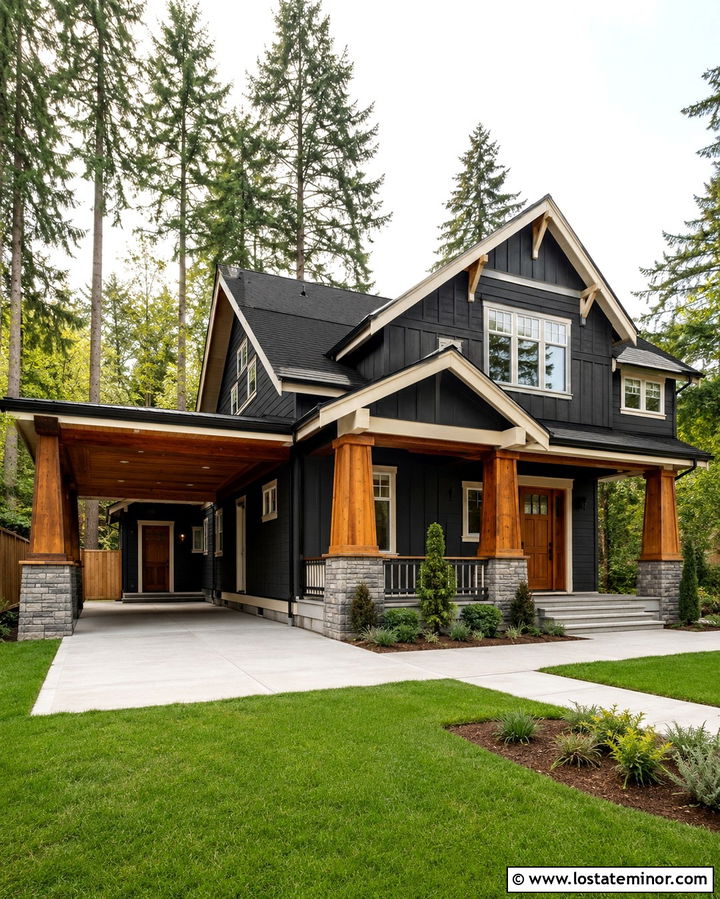 Soft Black Craftsman House With Stone Carport Columns - 30 Soft Black House Design With Carport Ideas