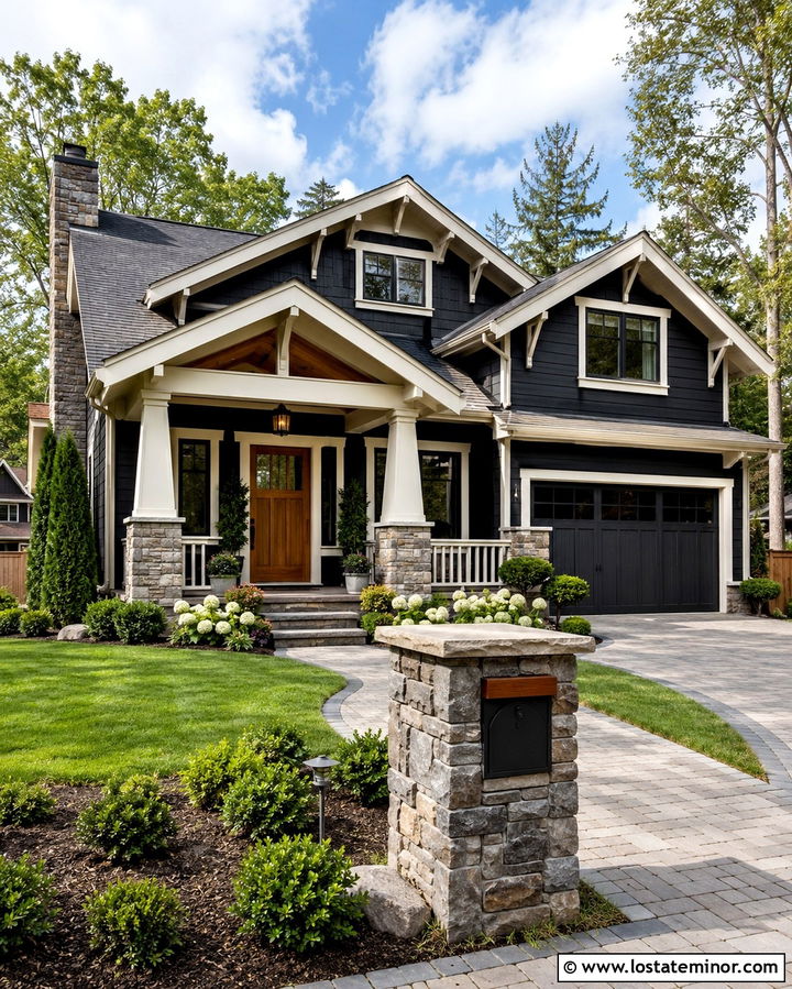 Soft Black Craftsman House With Stone Mailbox - 30 Soft Black House Design With Mailbox Ideas