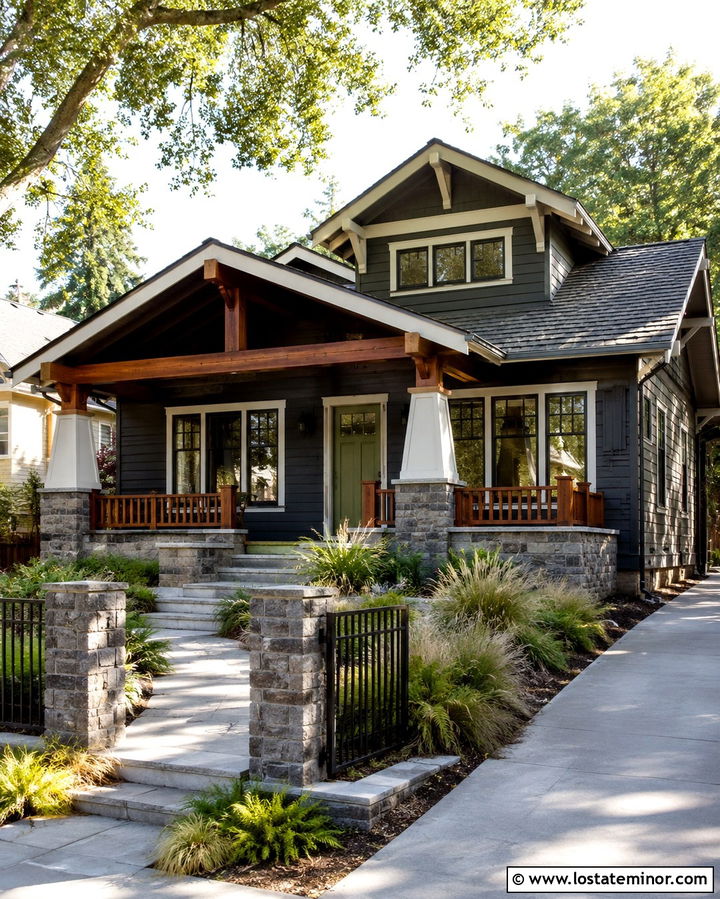 Soft Black Craftsman House With Stone Pillar Fence - 30 Soft Black House Design With Fence Ideas