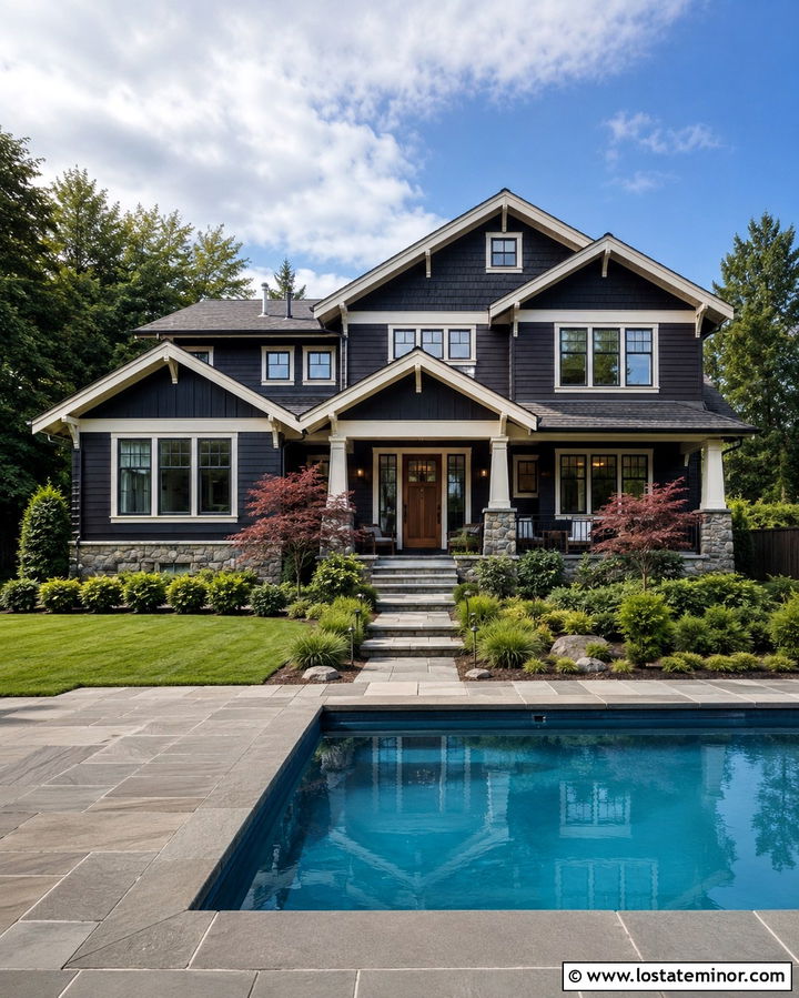 Soft Black Craftsman House With Stone Pool Deck - 30 Soft Black House Design With Swimming Pool Ideas