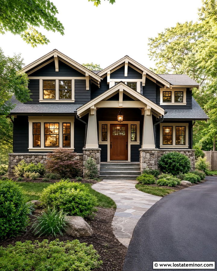 Soft Black Craftsman House With Stone Portico - 30 Soft Black House Design With Portico Ideas