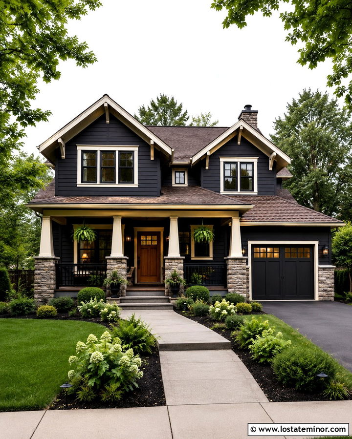 Soft Black Craftsman House With Tapered Porch Railings - 30 Soft Black House Design With Railings Ideas