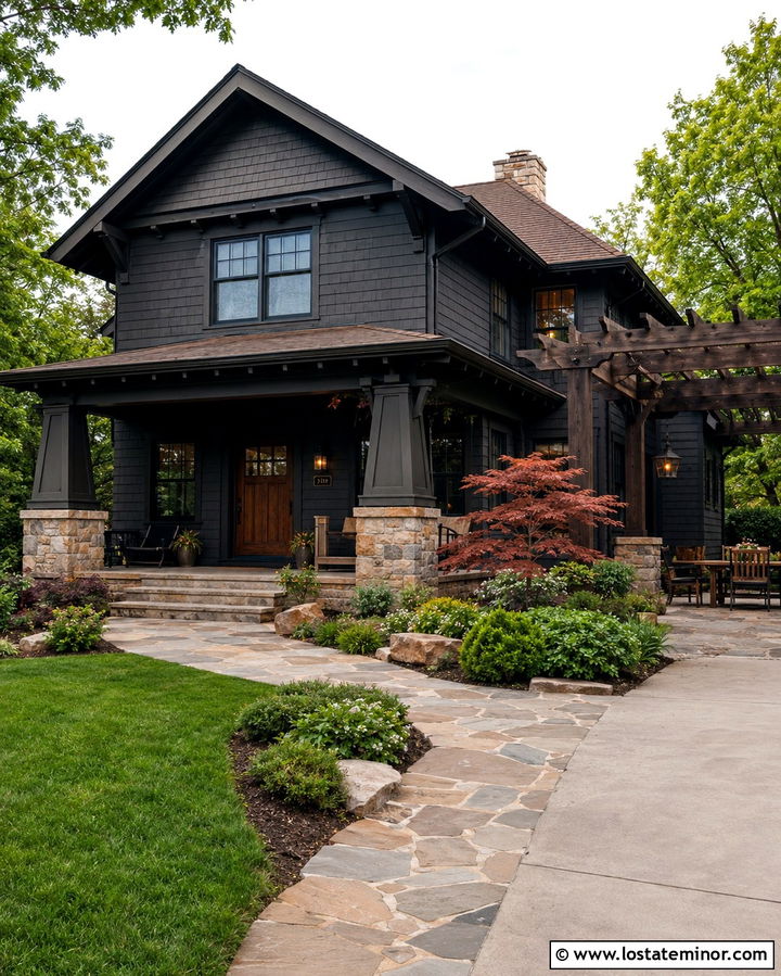 Soft Black Craftsman House With Timber Pergola - 30 Soft Black House Design With Pergola Ideas