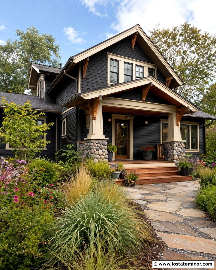 Soft Black Craftsman House With Wood Front Door And Storm Door - 30 Soft Black House Design With Storm Door Ideas