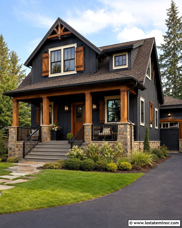 Soft Black Craftsman With Board And Batten Shutters - 30 Soft Black House Design With Shutters Ideas