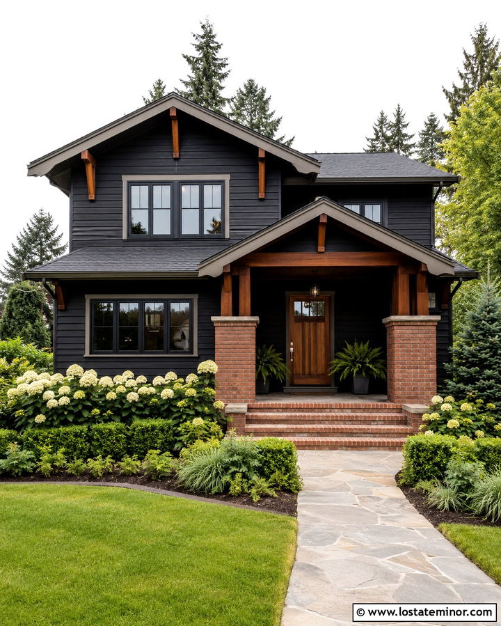 Soft Black Craftsman With Brick Porch Columns - 30 Soft Black House Design With Brick Accents Ideas