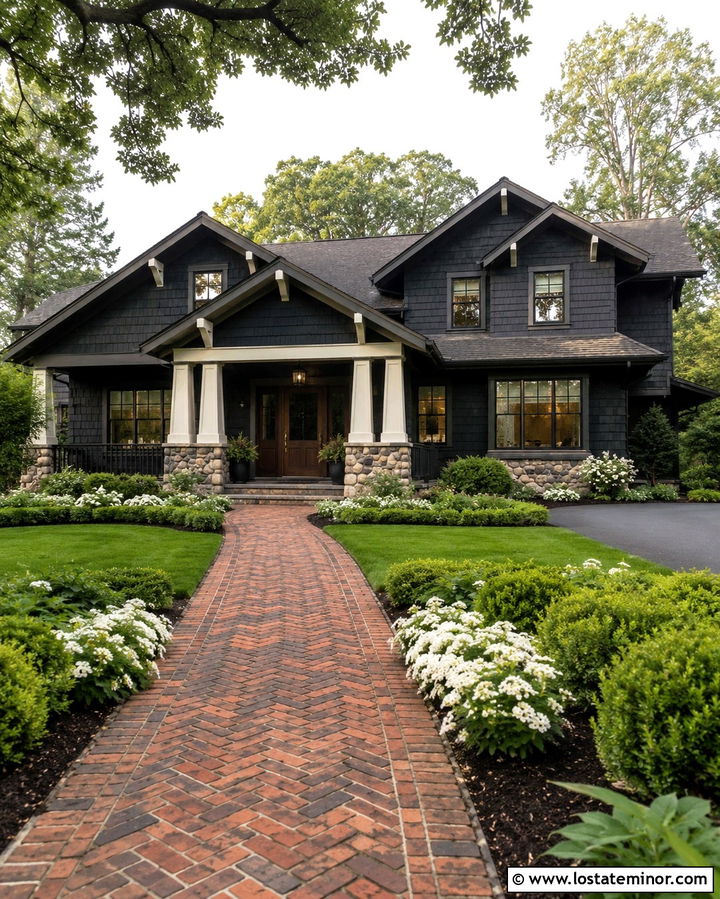 Soft Black Craftsman With Brick Walkway - 30 Soft Black House Design With Walkway Ideas