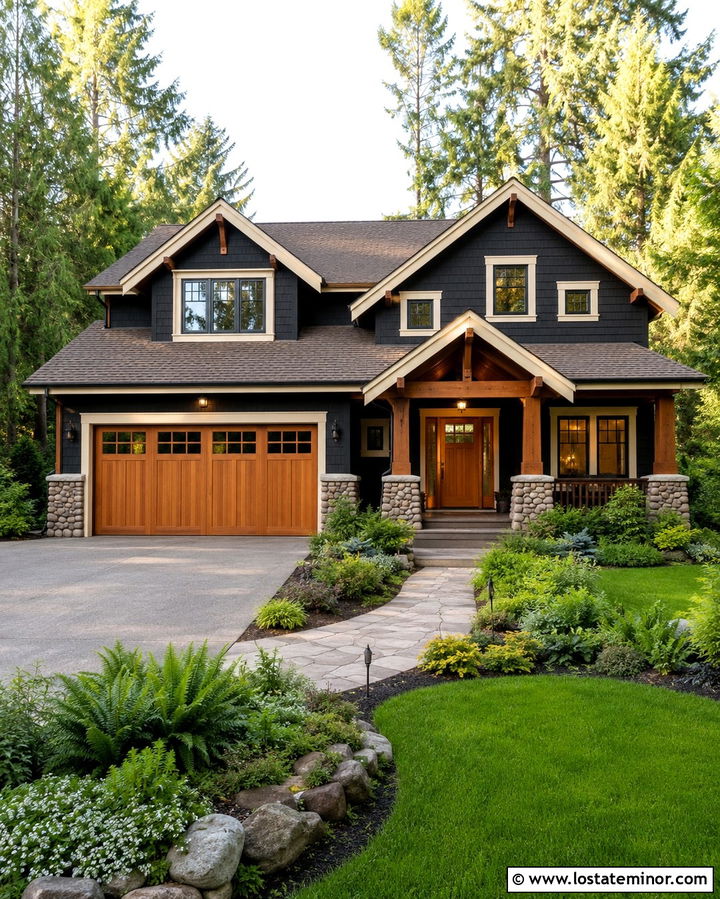 Soft Black Craftsman With Cedar Garage Door - 30 Soft Black House Design With Garage Door Ideas