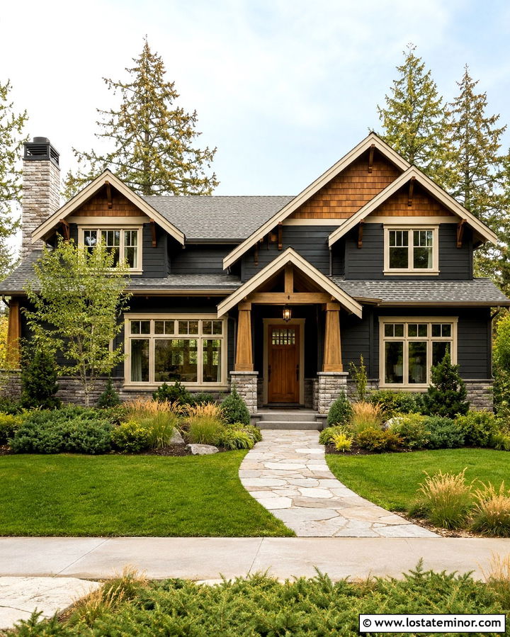 Soft Black Craftsman With Cedar Porch Columns - 30 Soft Black House Design With Porch Columns Ideas