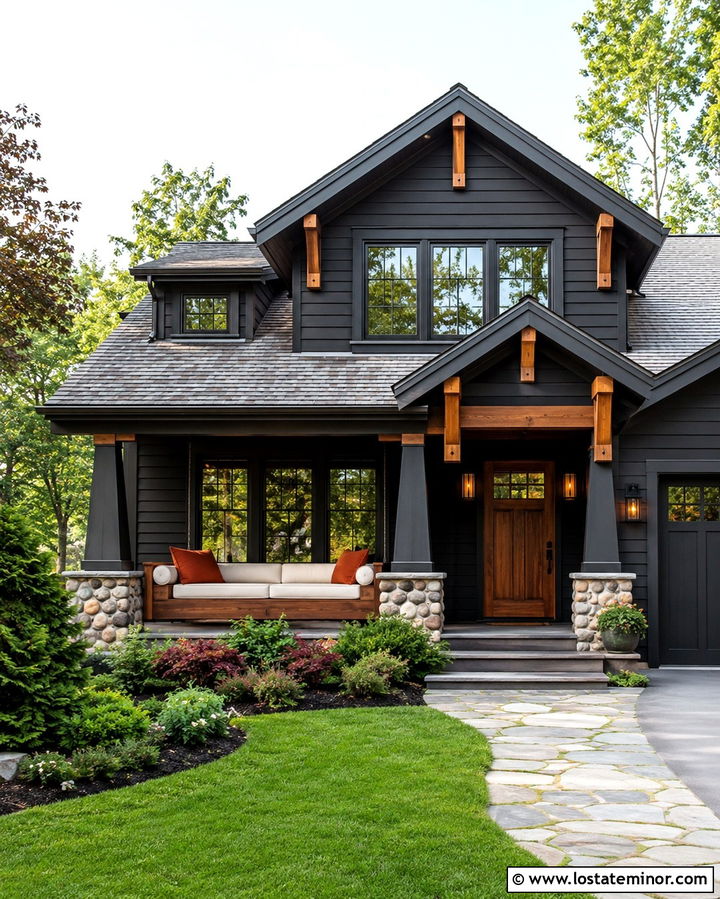 Soft Black Craftsman With Cedar Porch Daybed - 30 Soft Black House Design With Daybed Ideas