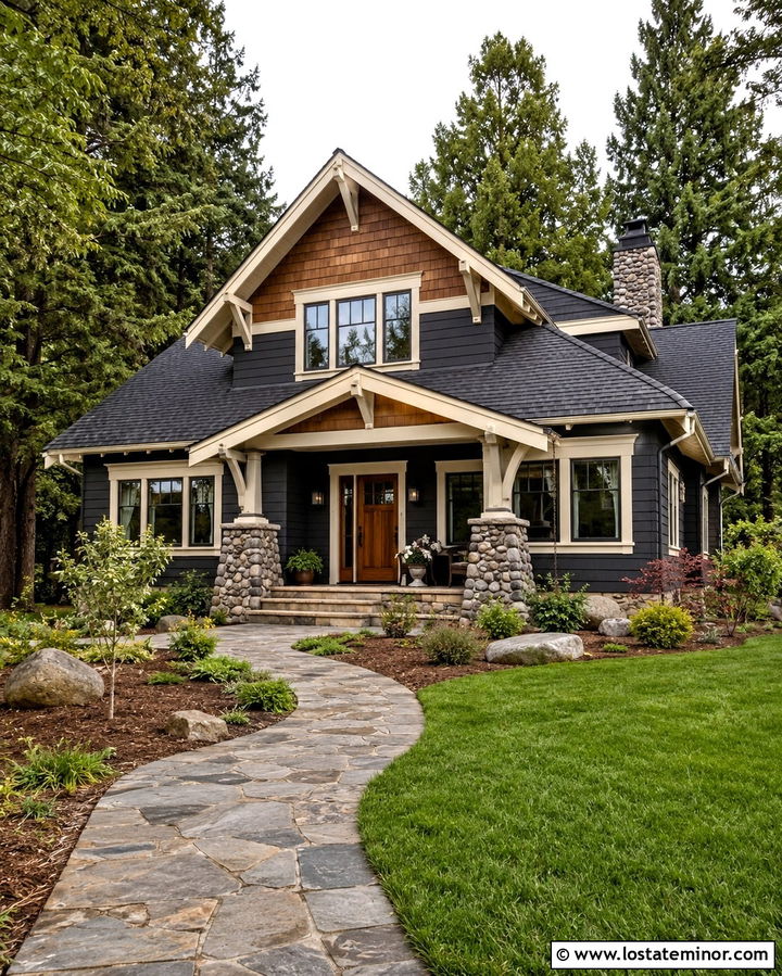 Soft Black Craftsman With Cedar Shingle Siding - 30 Soft Black House Design With Shingles Ideas