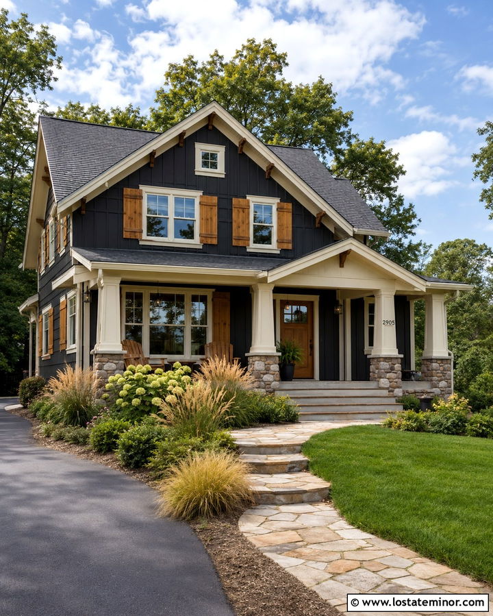 Soft Black Craftsman With Cedar Shutters - 30 Soft Black House Design With Shutters Ideas