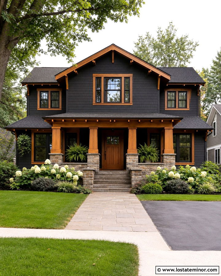 Soft Black Craftsman With Cedar Window Trim - 30 Soft Black House Design With Window Frames Ideas