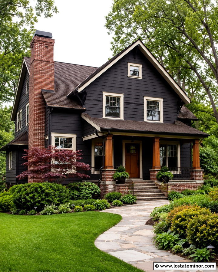 Soft Black Craftsman With Red Brick Chimney - 30 Soft Black House Design With Chimney Ideas