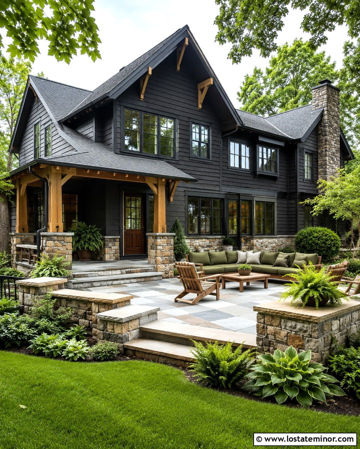 Soft Black Craftsman With Stone Patio - 30 Soft Black House Design With Backyard Ideas