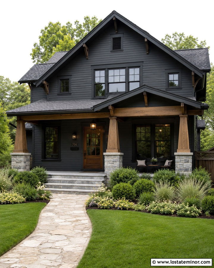 Soft Black Craftsman With Stone Porch - 30 Soft Black House Design With Front Porch Ideas