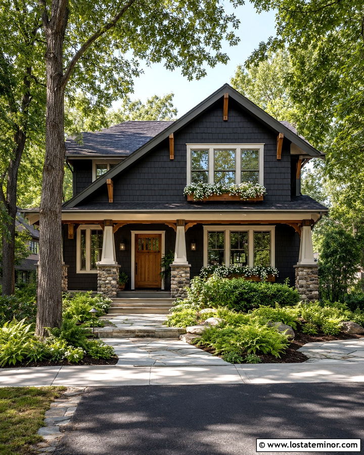 Soft Black Craftsman With Tapered Window Boxes - 30 Soft Black House Design With Window Boxes Ideas