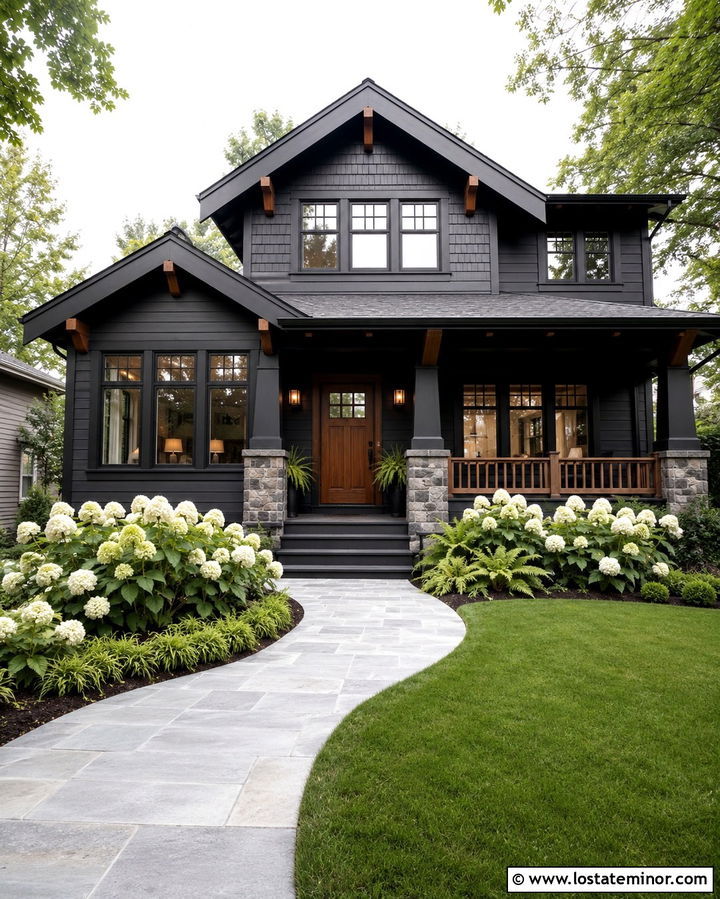 Soft Black Craftsman With Walnut Front Door - 30 Soft Black House Design With Front Door Ideas