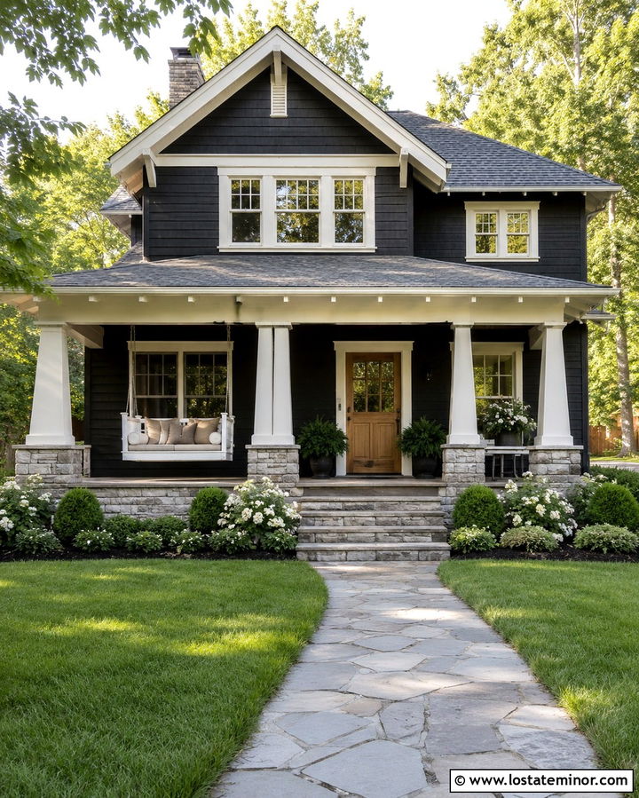 Soft Black Craftsman With White Porch Swing - 30 Soft Black House Design With Swing Ideas