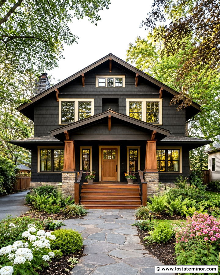 Soft Black Craftsman With Wood Porch Steps - 30 Soft Black House Design With Steps Ideas