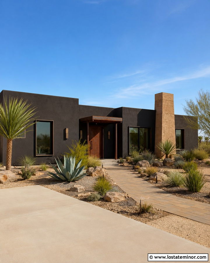Soft Black Desert House With Adobe Chimney - 30 Soft Black House Design With Chimney Ideas