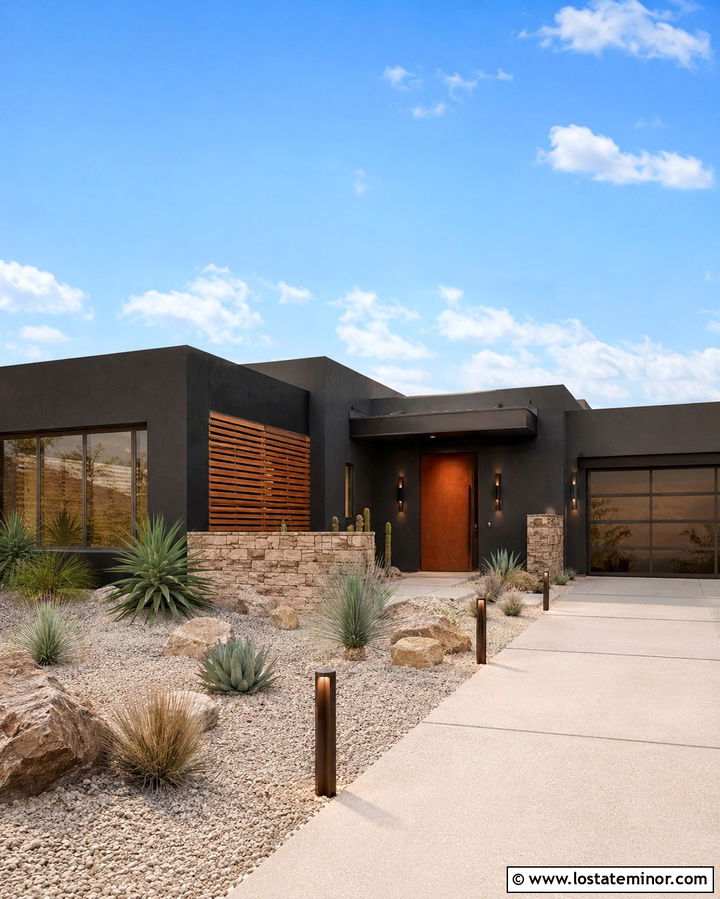 Soft Black Desert House With Low Bollard Lights - 30 Soft Black House Design With Lighting Ideas