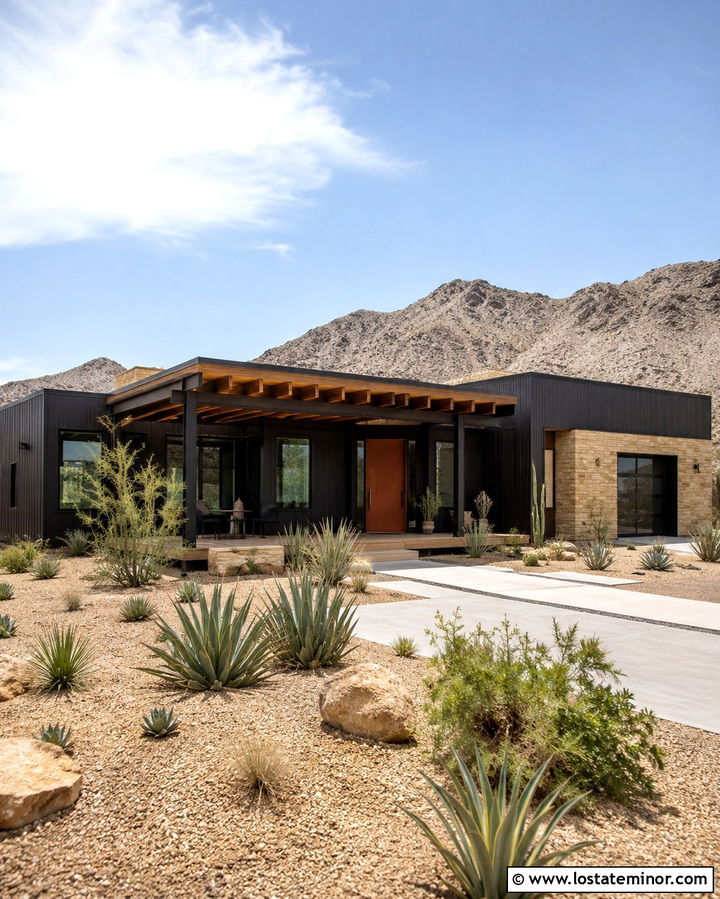 Soft Black Desert House With Shaded Deck - 30 Soft Black House Design With Deck Ideas