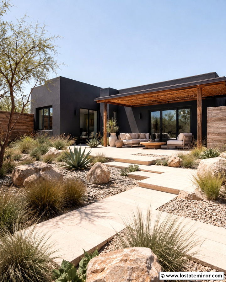 Soft Black Desert House With Shaded Patio - 30 Soft Black House Design With Backyard Ideas