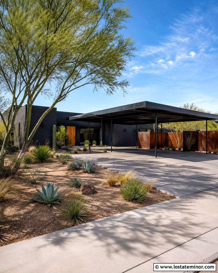 Soft Black Desert House With Steel Carport - 30 Soft Black House Design With Carport Ideas