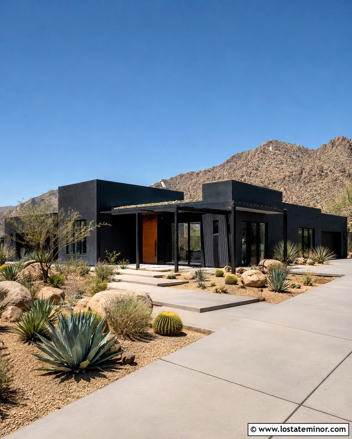 Soft Black Desert House With Steel Pergola - 30 Soft Black House Design With Pergola Ideas