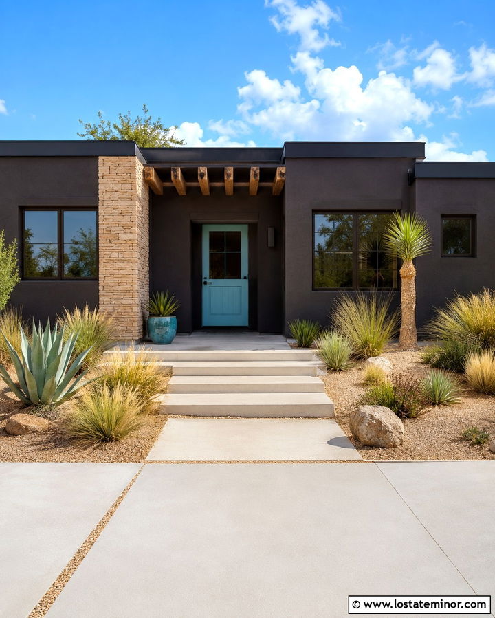 Soft Black Desert House With Turquoise Dutch Door - 30 Soft Black House Design With Dutch Door Ideas