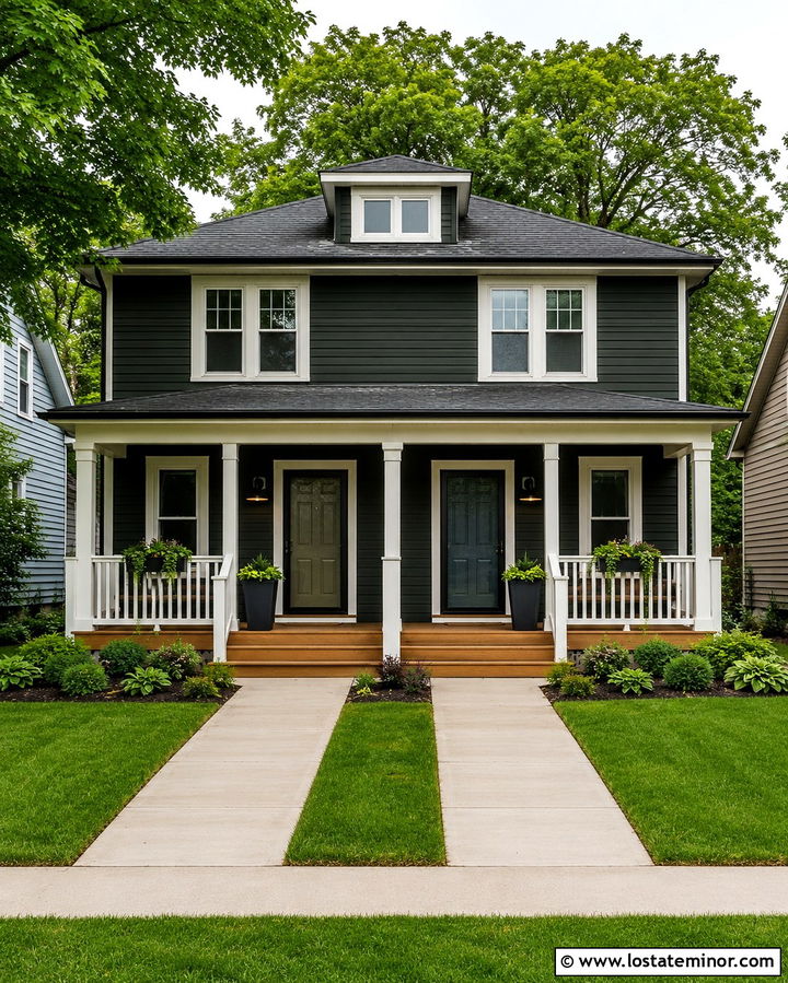 Soft Black Duplex House With Coordinated Storm Doors - 30 Soft Black House Design With Storm Door Ideas