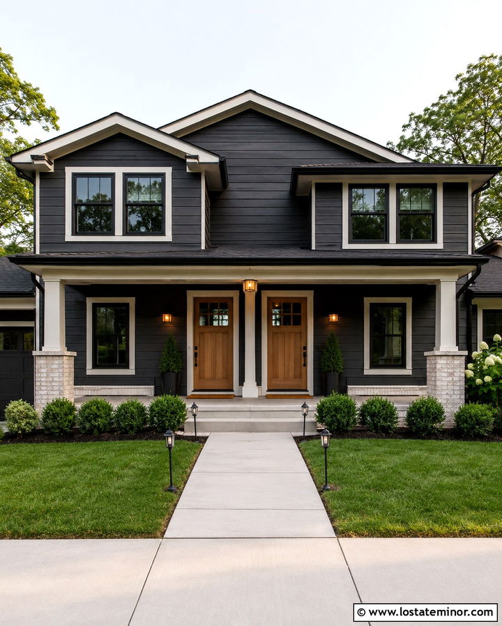 Soft Black Duplex With Balanced Entry Lighting - 30 Soft Black House Design With Lighting Ideas