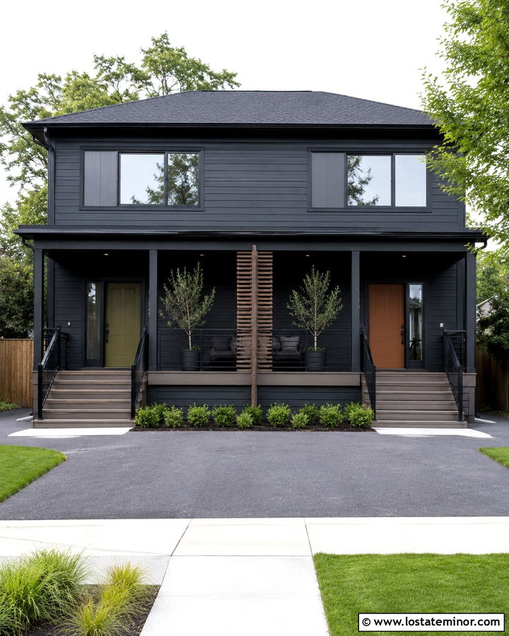 Soft Black Duplex With Divided Deck - 30 Soft Black House Design With Deck Ideas