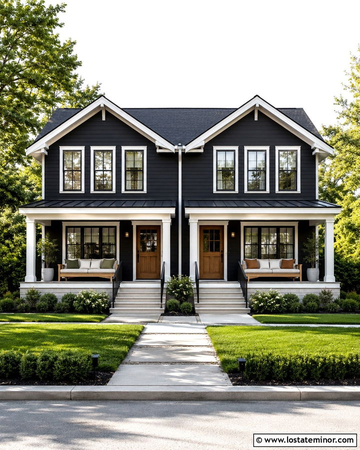 Soft Black Duplex With Matching Porch Daybeds - 30 Soft Black House Design With Daybed Ideas
