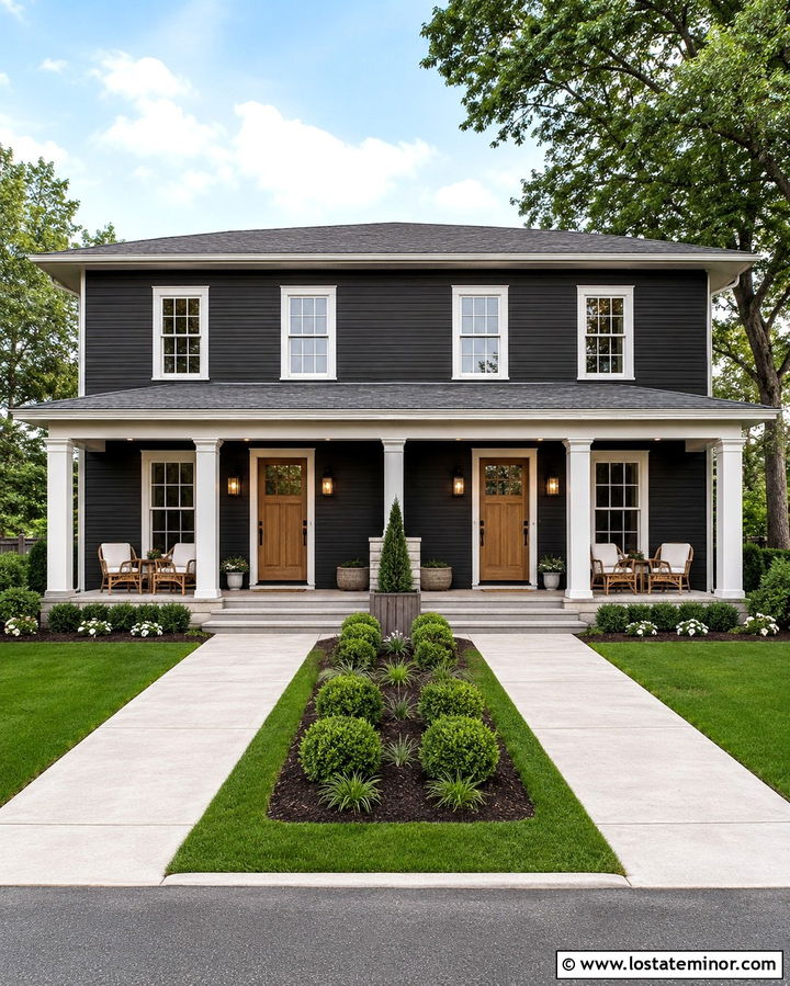 Soft Black Duplex With Shared Front Porch - 30 Soft Black House Design With Front Porch Ideas