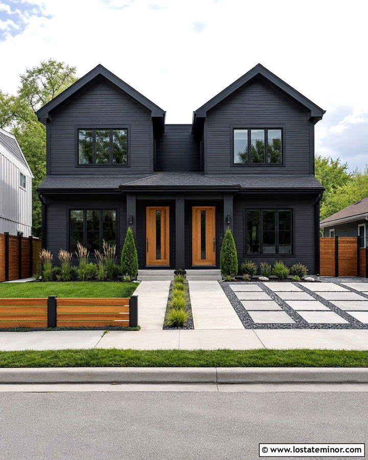 Soft Black Duplex With Two Tone Fence - 30 Soft Black House Design With Fence Ideas