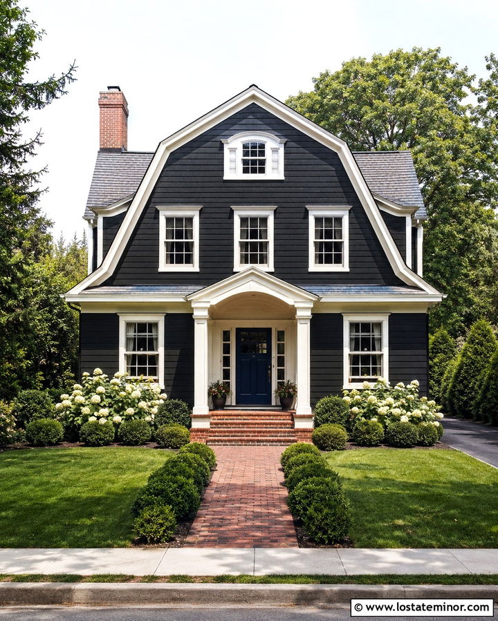 Soft Black Dutch Colonial With Red Brick Chimney - 30 Soft Black House Design With Chimney Ideas
