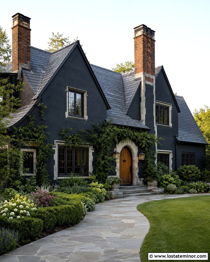 Soft Black English Cottage With Twin Chimneys - 30 Soft Black House Design With Chimney Ideas