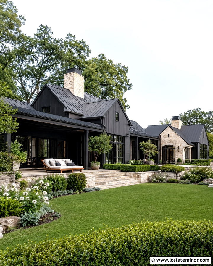 Soft Black Estate House With Poolside Daybed - 30 Soft Black House Design With Daybed Ideas