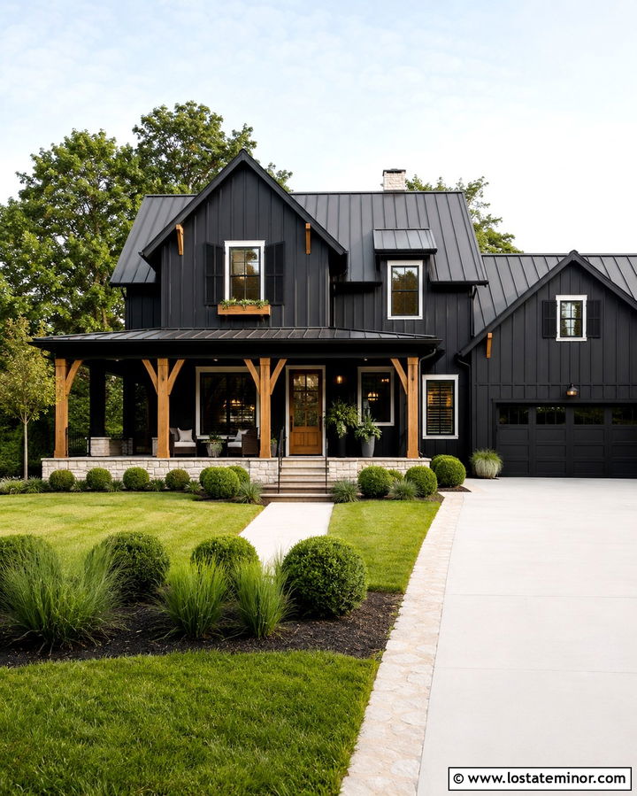 Soft Black Farmhouse With Black Shutters - 30 Soft Black House Design With Shutters Ideas