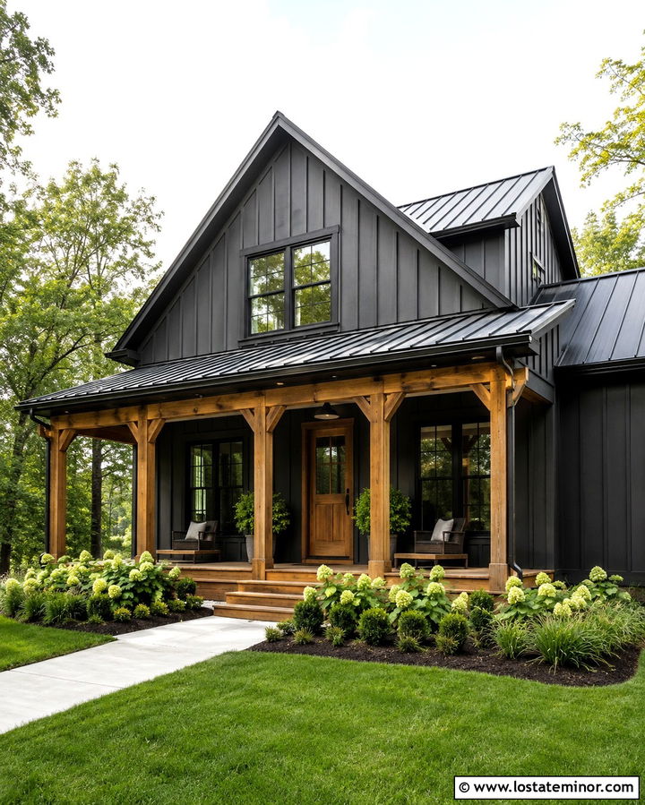 Soft Black Farmhouse With Cedar Front Porch - 30 Soft Black House Design With Front Porch Ideas