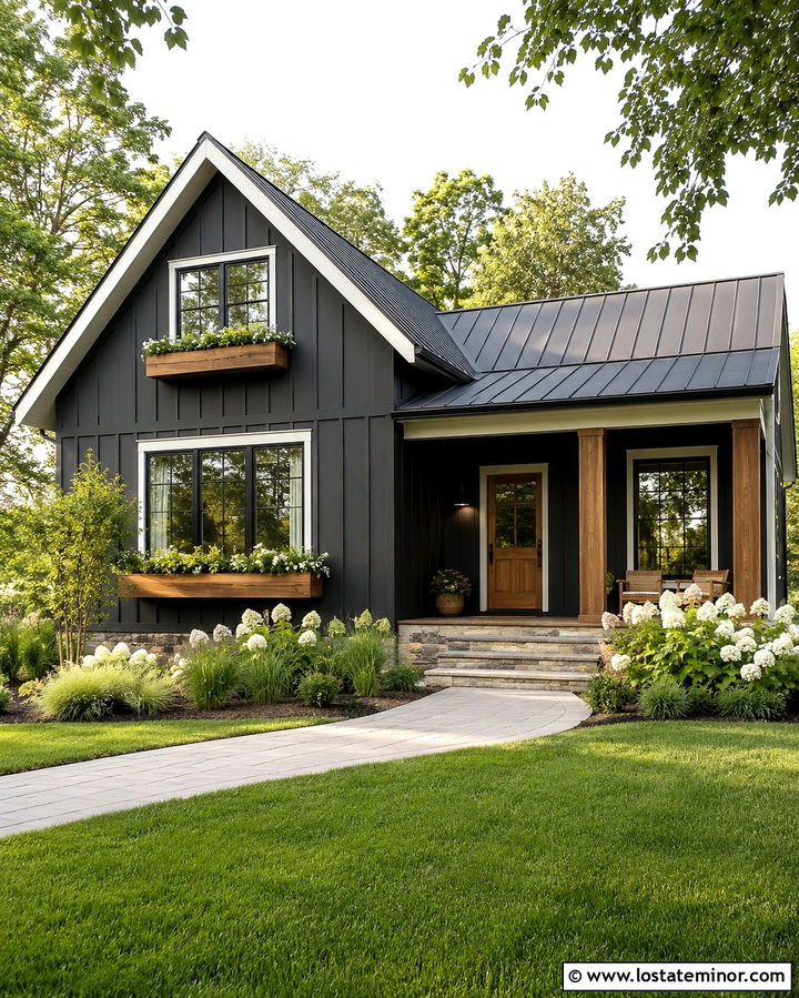 Soft Black Farmhouse With Cedar Window Boxes - 30 Soft Black House Design With Window Boxes Ideas